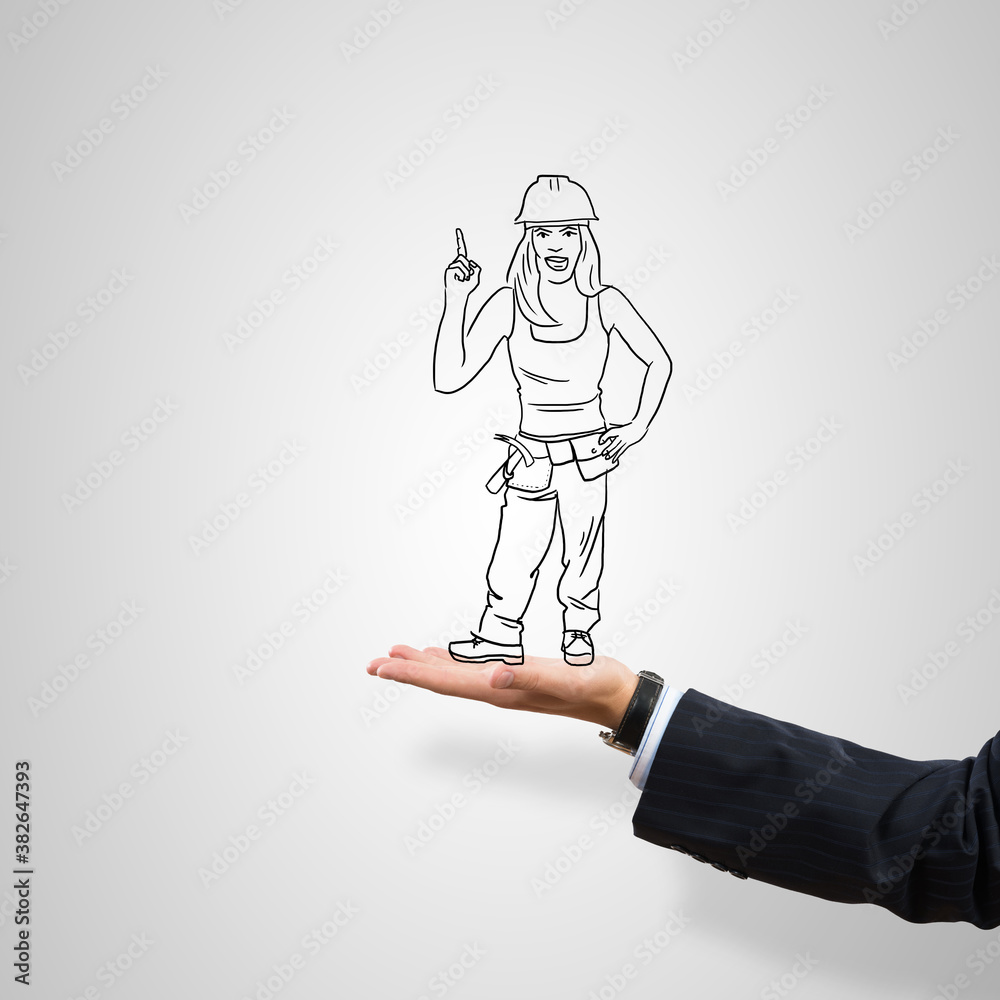 Caricatures of engineer woman in palm