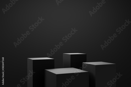 Black podium or pedestal display on dark background with long platform. Blank product shelf standing backdrop. 3D rendering. © EZPS
