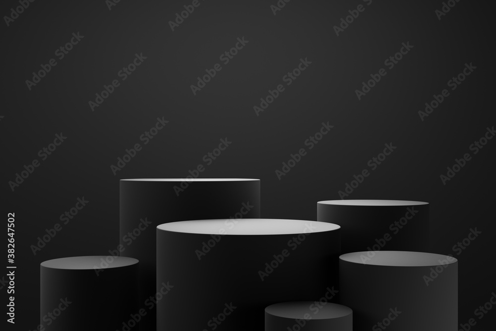 Black podium or pedestal display on dark background with cylinder stand concept. Blank product shelf standing backdrop. 3D rendering. Black podium or pedestal display on dark background with cylinder stand concept. Blank product shelf standing backdrop. 3D rendering.