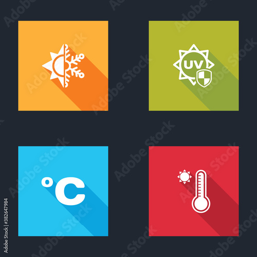 Set Sun and snowflake, UV protection, Celsius and Meteorology thermometer icon. Vector.
