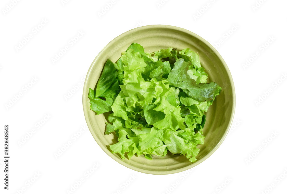slice fresh green oak and lettuce salad in bowl on white background slice fresh green oak and lettuce salad in bowl on white background