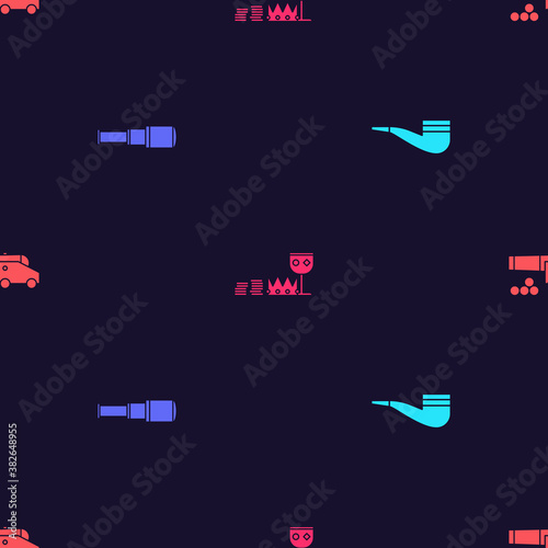 Set Smoking pipe, Spyglass telescope lens, Treasure and riches and Cannon with cannonballs on seamless pattern. Vector.