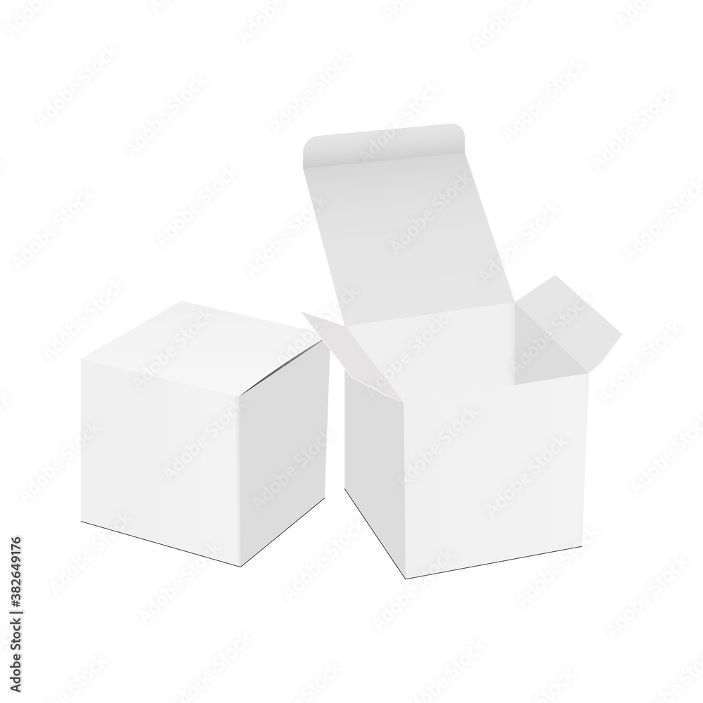 Square gift boxes mockups with open and closed lid, isolated on white background. Vector illustration Square gift boxes mockups with open and closed lid, isolated on white background. Vector illustration