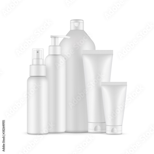 Blank cosmetic packaging mockup: pump and spray bottles, big bottle for shampoo, small and high tubes. Vector illustration