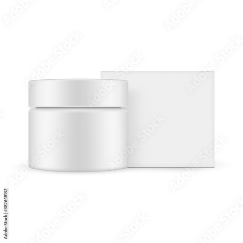 Jar with square paper box mockup isolated on white background, front view. Vector illustration