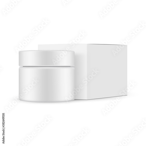 Jar and square box mockup with side view, isolated on white background. Vector illustration