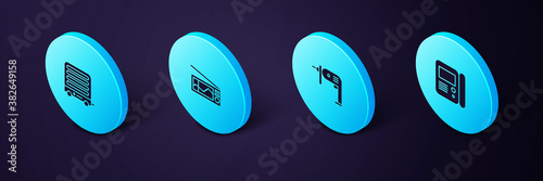 Set Isometric House intercom system, Electric drill machine, Radio and heater icon. Vector.