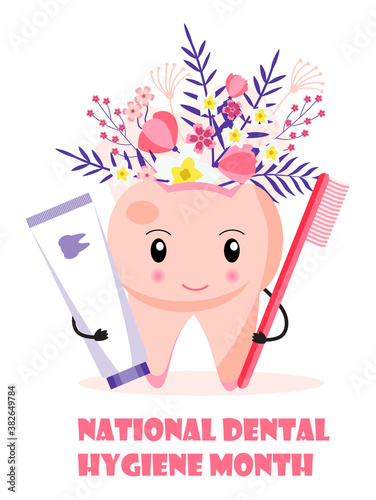 National Dental Hygiene Month celebrated in October. Cute tooth is smiling and holding brush and tube of paste. Dentist service vector concept
