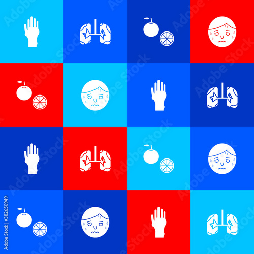 Set Hand with psoriasis or eczema, Lungs, Orange fruit and Man excessive sweating icon. Vector.