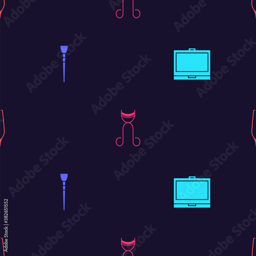 Set Makeup powder with mirror, brush, Eyelash curler and Eyebrow tweezers on seamless pattern. Vector.
