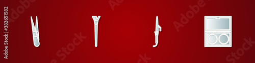 Set Eyebrow tweezers, Makeup brush, Curling iron and powder with mirror icon. Vector.