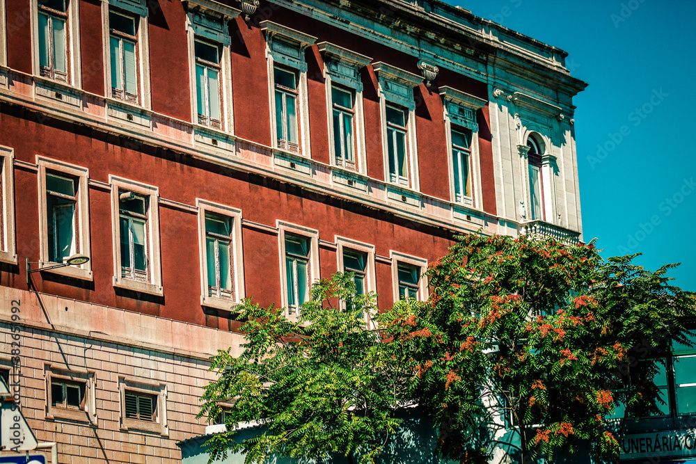 Naklejka premium View of the facade of a building in the downtown of Lisbon in Portugal 