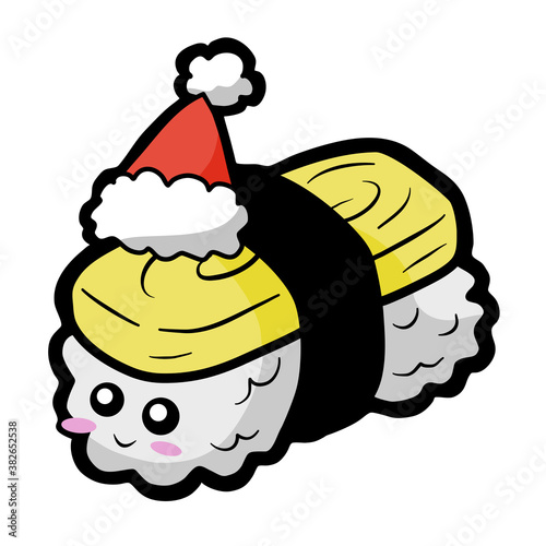 Cute cartoon tamako sushi smile with Christmas red hat, icon, emoji element on white silhouette. Doodle black line decoration for logo, planner, card and any design. Vector illustration about holiday. photo