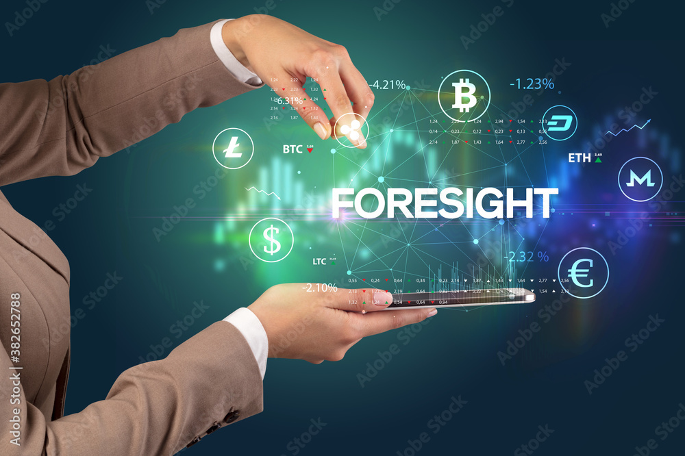 Close-up of a touchscreen with FORESIGHT inscription, business opportunity concept Close-up of a touchscreen with FORESIGHT inscription, business opportunity concept