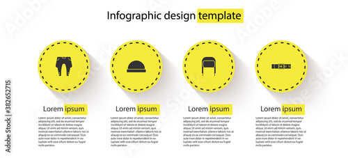 Set Pants, Beanie hat, Winter with ear flaps and Leather belt. Business infographic template. Vector.