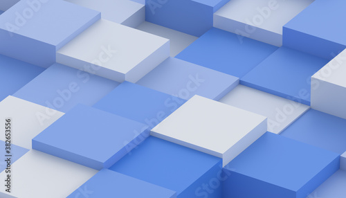 Abstract 3d render  geometric composition  background design with blue and white cubes