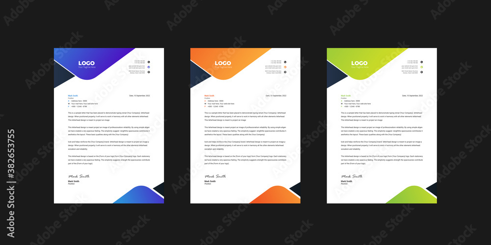 Professional business letterhead design with geometric shapes. Creative & clean business style print ready letterhead for corporate offices. Vector graphic design.