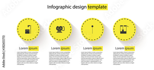 Set Executioner axe in tree block, Cup from the skull, Medieval chained mace ball and Well with bucket. Business infographic template. Vector.