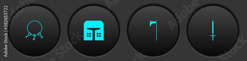 Set Old keys, Medieval iron helmet, axe and sword icon. Vector.