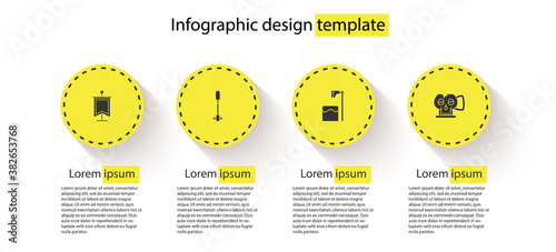 Set Medieval flag, Torch flame, Executioner axe in tree block and Cup from the skull. Business infographic template. Vector.