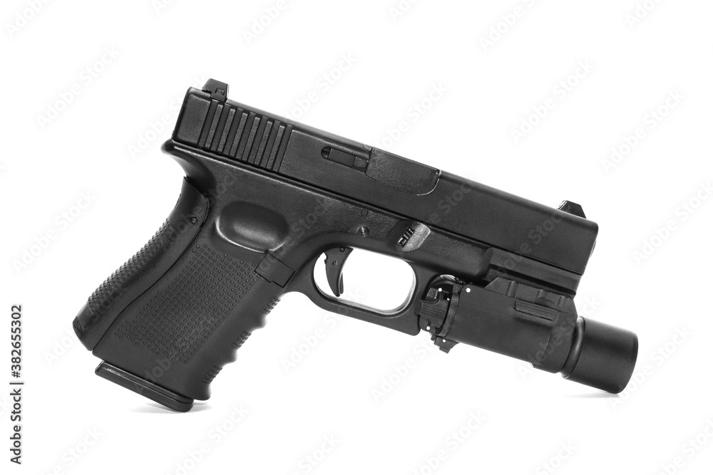 Close - up on G19 Gen 4th Semi-Auto Pistol attach flashlight, Shooting the 9 mm pistol cartridge