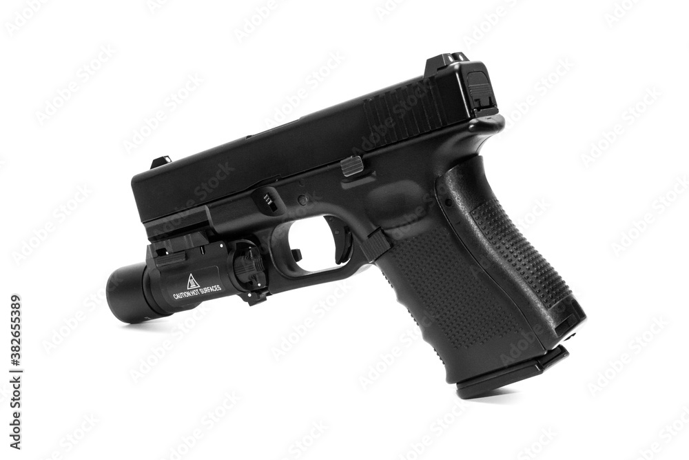 Close - up on G19 Gen 4th Semi-Auto Pistol attach flashlight, Shooting the 9 mm pistol cartridge