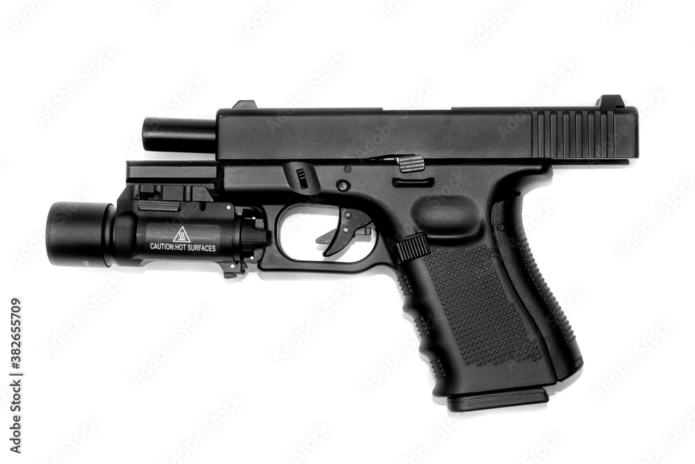Close - up on G19 Gen 4th Semi-Auto Pistol attach flashlight, Shooting the 9 mm pistol cartridge Close - up on G19 Gen 4th Semi-Auto Pistol attach flashlight, Shooting the 9 mm pistol cartridge