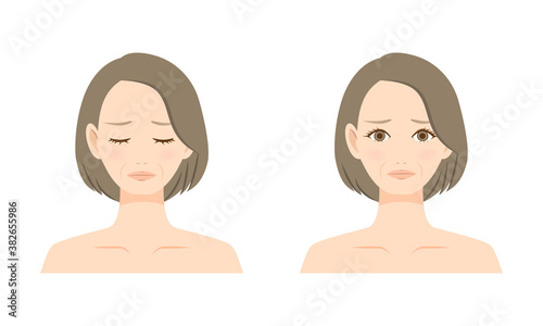 中年の女性の顔　イラスト　ネガティブな表情
