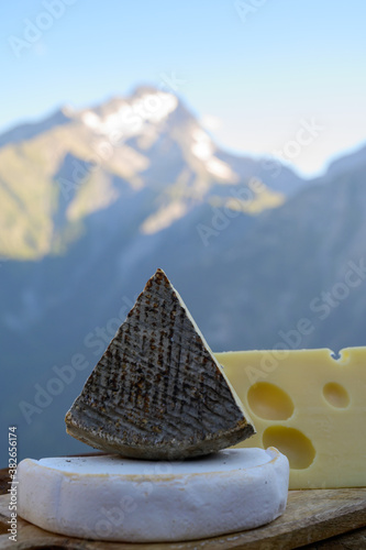 Cheese collection  French emmental  tomme and reblochon de savoie cheeses served outdoor in Savoy region  with Alpine mountains peaks on background