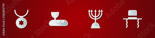 Set Star of David necklace on chain, First communion symbols, Hanukkah menorah and Orthodox jewish hat with sidelocks icon. Vector.