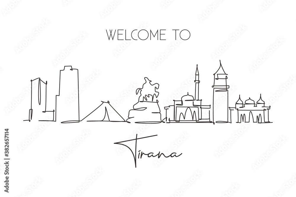 Single continuous line drawing of Tirana city skyline, Albania. Famous city scraper landscape. World travel concept wall decor home art poster print. Modern one line draw design vector illustration