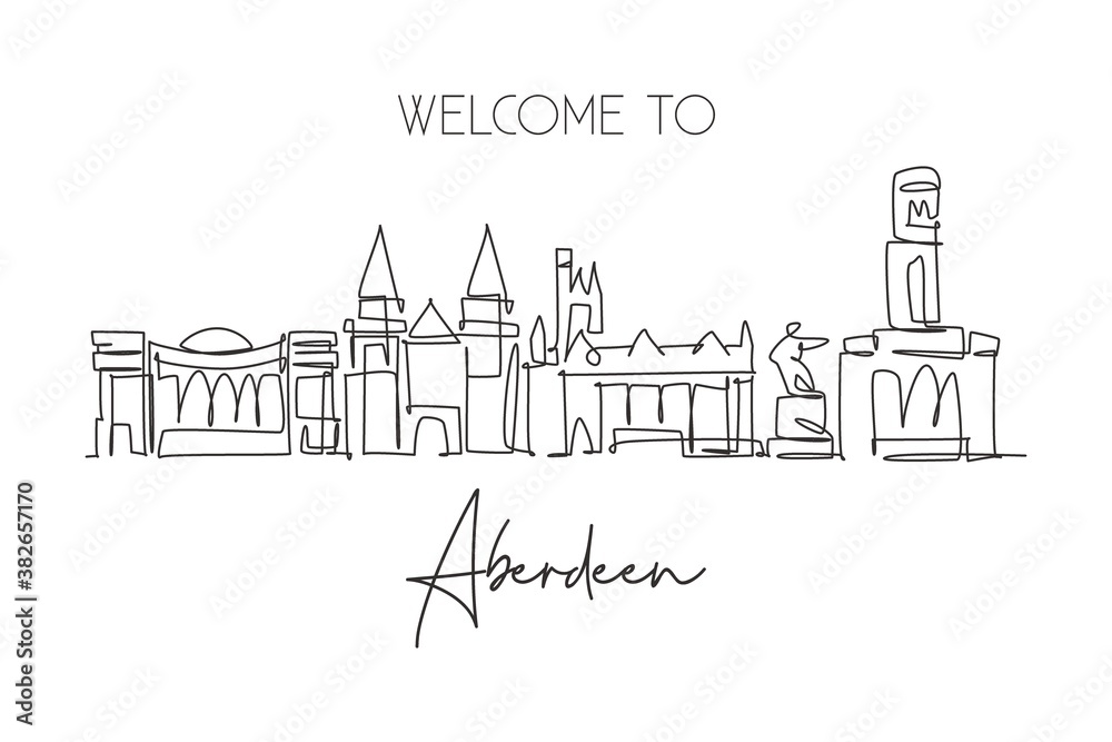 One single line drawing of Aberdeen city skyline, Scotland. Historical town landscape in the world. Best holiday destination wall decor poster. Trendy continuous line draw design vector illustration
