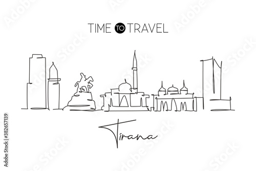 One continuous line drawing of Tirana city skyline, Albania. Beautiful landmark. World landscape tourism and travel vacation poster. Editable stylish stroke single line draw design vector illustration