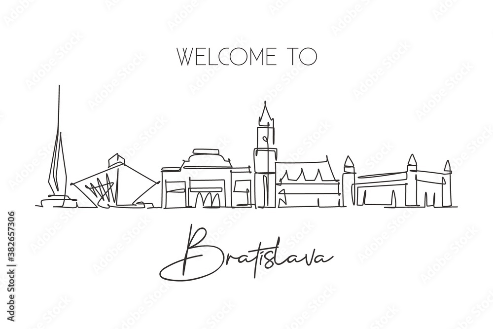 Single continuous line drawing of Bratislava city skyline Slovakia. Famous beauty city landscape. World travel concept home wall decor poster print art. Modern one line draw design vector illustration Single continuous line drawing of Bratislava city skyline Slovakia. Famous beauty city landscape. World travel concept home wall decor poster print art. Modern one line draw design vector illustration