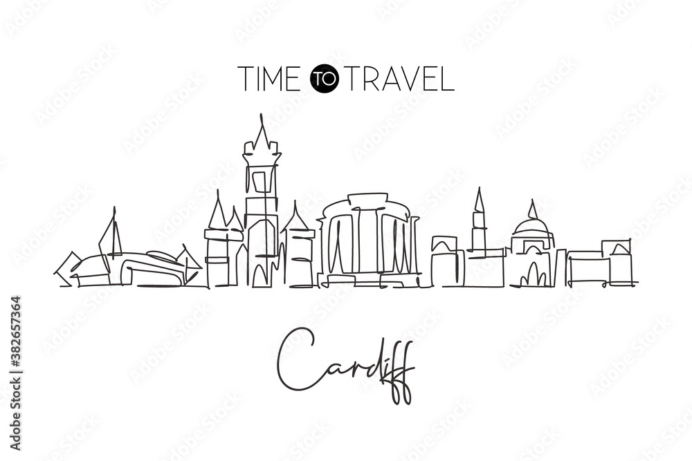 One single line drawing of Cardiff city skyline, Wales. Historical town landscape in the world. Best holiday destination poster. Editable stroke trendy continuous line draw design vector illustration
