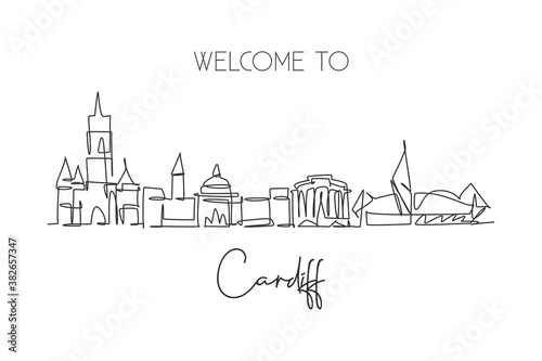 One continuous line drawing of Cardiff city skyline, Wales. Beautiful landmark. World landscape tourism travel vacation wall decor poster print art. Stylish single line draw design vector illustration
