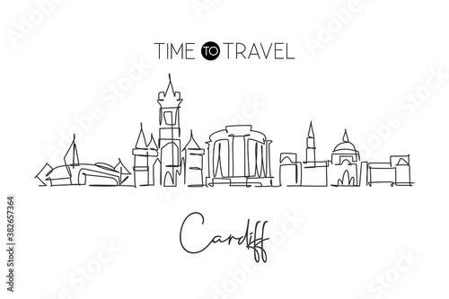 One single line drawing of Cardiff city skyline, Wales. Historical town landscape in the world. Best holiday destination poster. Editable stroke trendy continuous line draw design vector illustration