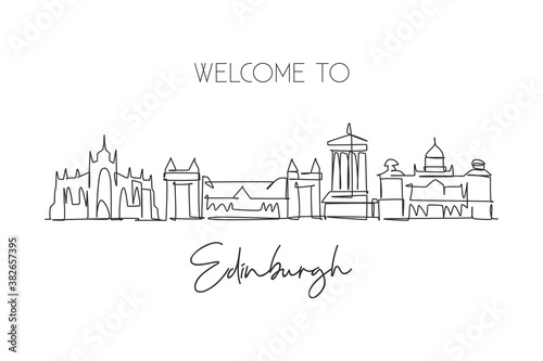 One continuous line drawing of Edinburgh city skyline, Scotland. Beautiful landmark. World landscape tourism and travel vacation. Editable stylish stroke single line draw design vector illustration