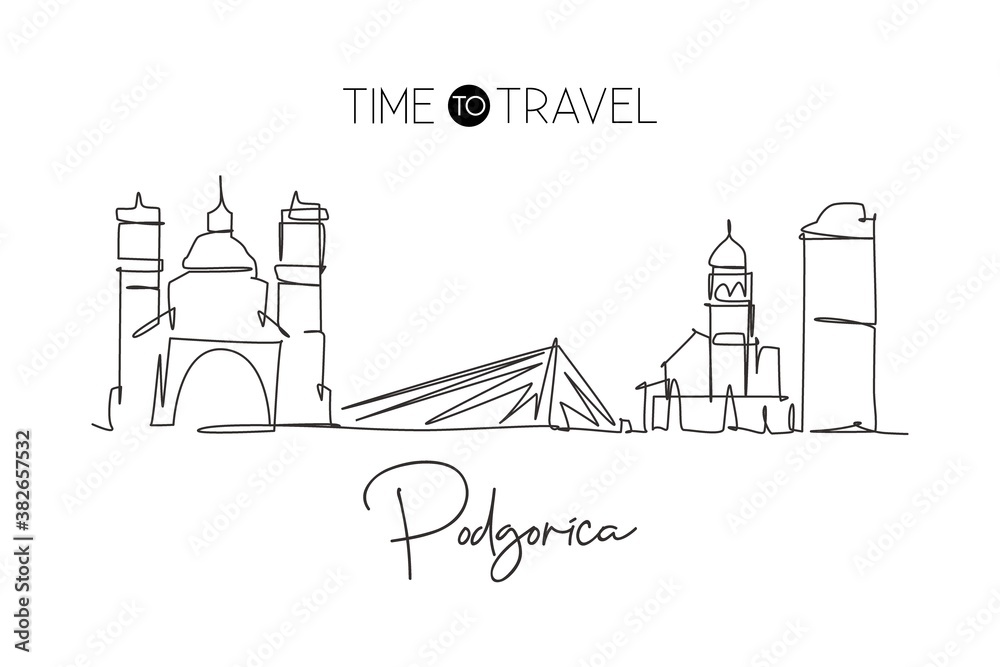 One single line drawing of Podgorica city skyline, Montenegro. Historical town landscape in world. Best holiday destination wall decor poster. Trendy continuous line draw design vector illustration