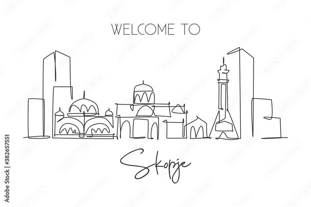 Single continuous line drawing of Skopje city skyline, Macedonia. Famous city scraper landscape. World travel concept home wall decor art poster print. Modern one line draw design vector illustration Single continuous line drawing of Skopje city skyline, Macedonia. Famous city scraper landscape. World travel concept home wall decor art poster print. Modern one line draw design vector illustration