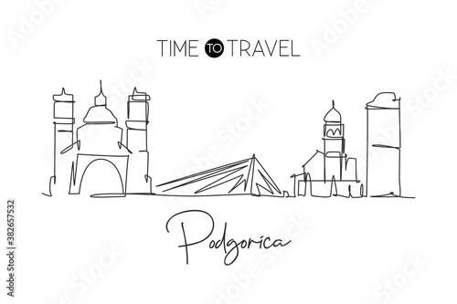 One single line drawing of Podgorica city skyline, Montenegro. Historical town landscape in world. Best holiday destination wall decor poster. Trendy continuous line draw design vector illustration