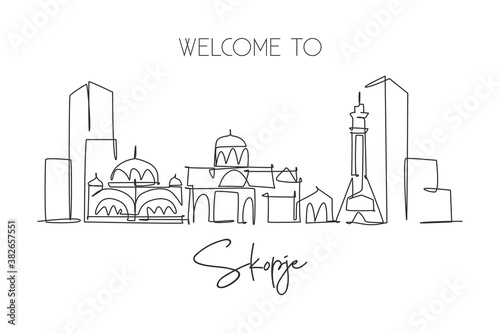 Single continuous line drawing of Skopje city skyline, Macedonia. Famous city scraper landscape. World travel concept home wall decor art poster print. Modern one line draw design vector illustration