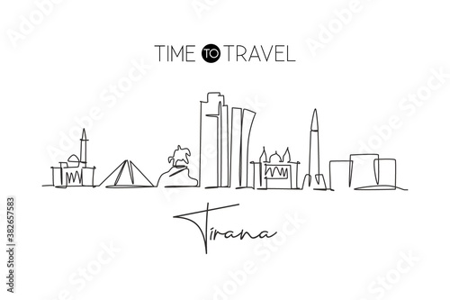 One single line drawing of city Tirana skyline  Albania. Historical town landscape in the world. Best holiday destination poster. Editable stroke trendy continuous line draw design vector illustration