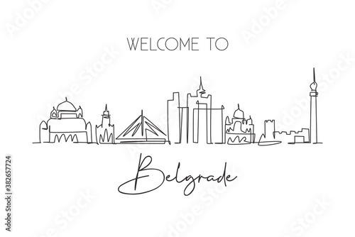 Single continuous line drawing of Belgrade city skyline, Serbia. Famous city scraper landscape. World travel concept home decor wall art poster print. Modern one line draw design vector illustration