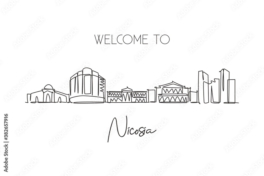One continuous line drawing of Nicosia city skyline, Cyprus. Beautiful landmark. World landscape tourism and travel vacation poster. Editable stylish stroke single line draw design vector illustration