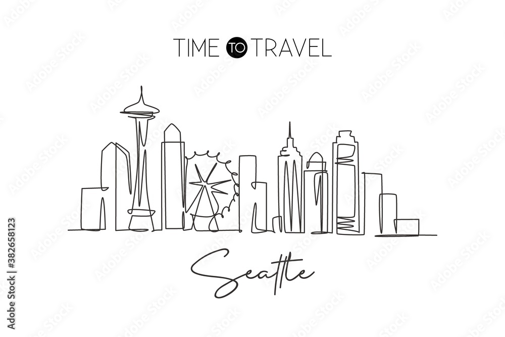 One continuous line drawing of Seattle city skyline, United States. Beautiful landmark. World landscape tourism and travel vacation. Editable stylish stroke single line draw design vector illustration