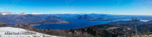 ultra wide aerial view of the Lake Maggiore and the Alps from Mottarone