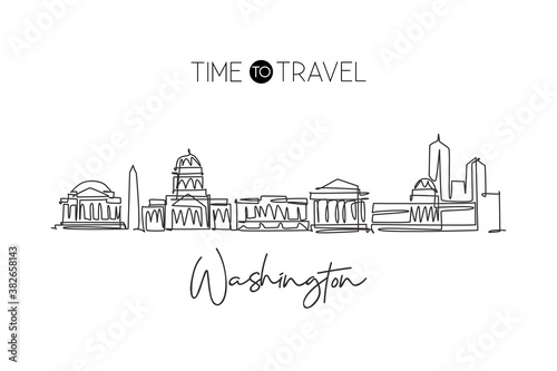 One single line drawing of Washington city skyline, United States of America. Historic landscape in the world. Best holiday destination. Editable stroke continuous line draw design vector illustration