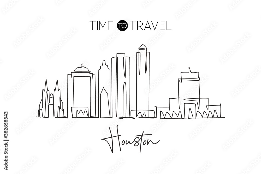Obraz premium Single continuous line drawing of Houston city skyline, USA. Famous city scraper and landscape. World travel concept home wall decor poster print art. Modern one line draw design vector illustration