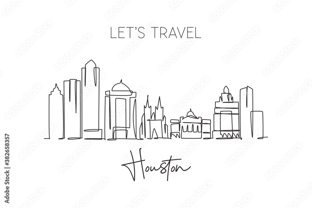 One single line drawing of Houston city skyline, United States. Historical town landscape in the world. Best holiday destination. Editable stroke trendy continuous line draw design vector illustration
